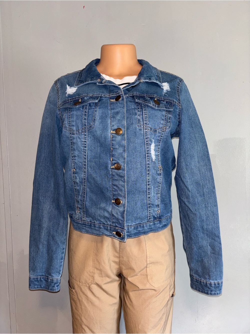 Women's Blue Distressed Denim Jacket - Lightweight Jean Coat